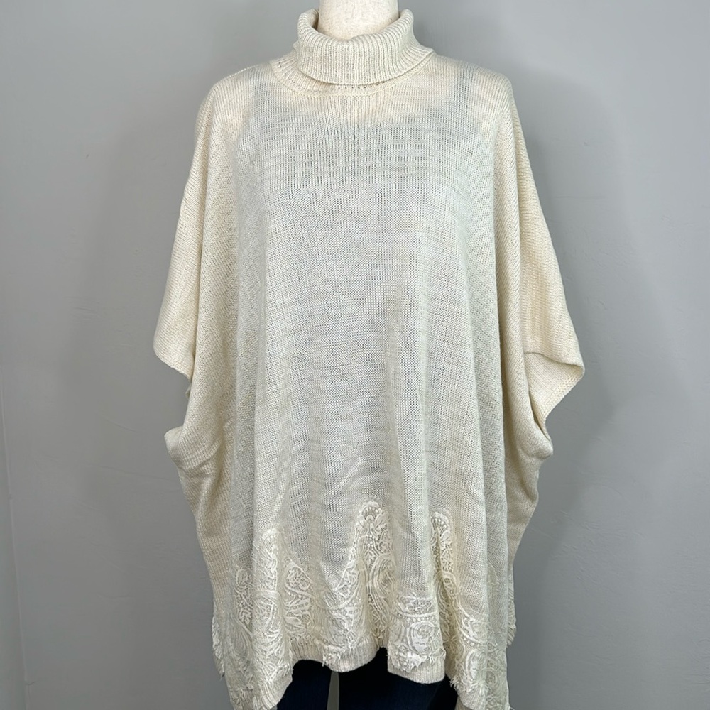 Charming Charlie Turtleneck Poncho Sweater Cream Metallic Thread  NWT